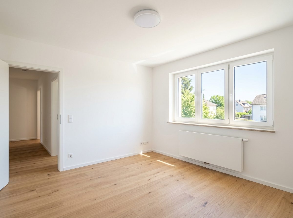 Frisch gestrichener, leerer Wohnraum mit Holzboden und großem Fenster