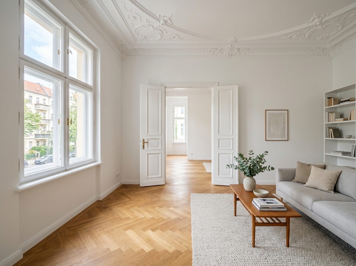 Renovierter Altbau-Raum mit neuen Trockenbauwänden