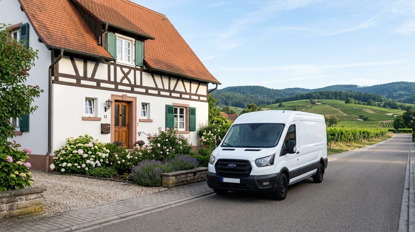 Transporter vor einem Wohnhaus