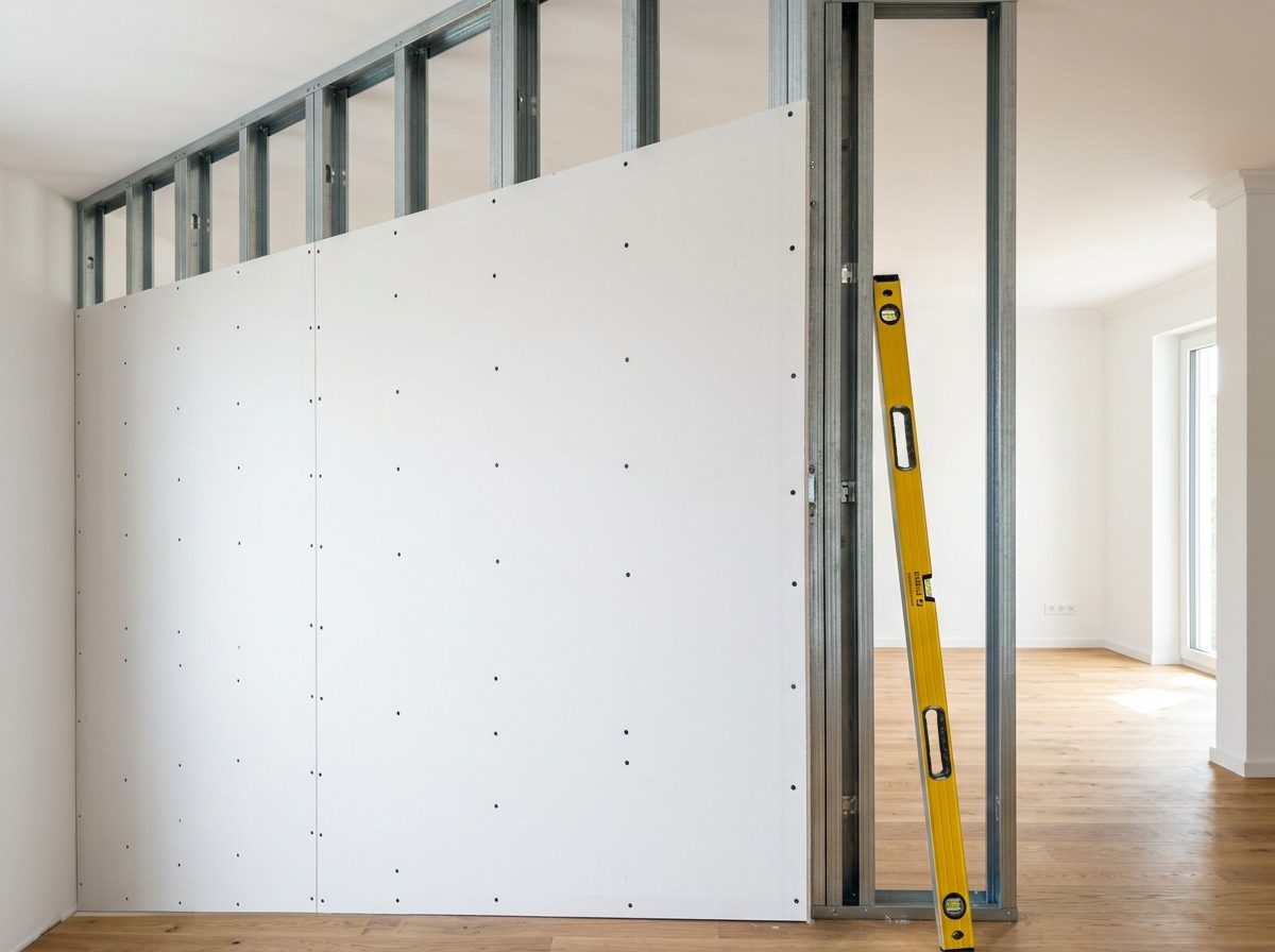 Trockenbauwand im Rohbau, spachtelfertig beplankt