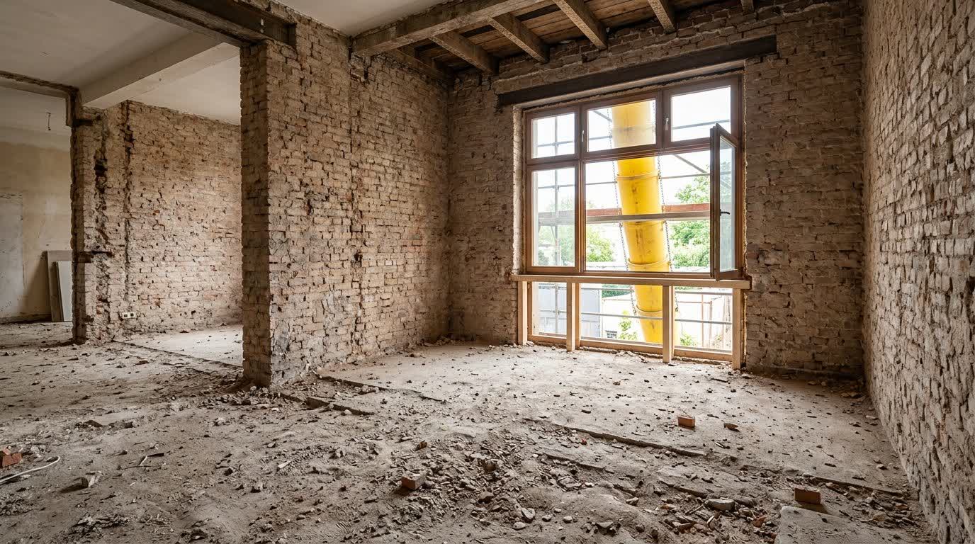 Entkernter Altbau-Raum mit freigelegten Wänden