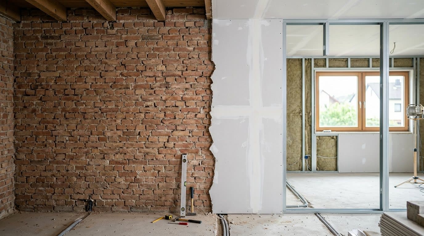 Baustelle mit Trockenbauwand und gemauerter Wand im Vergleich