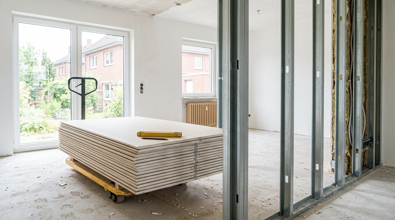 Trockenbauwand im Rohbau mit Metallständerwerk